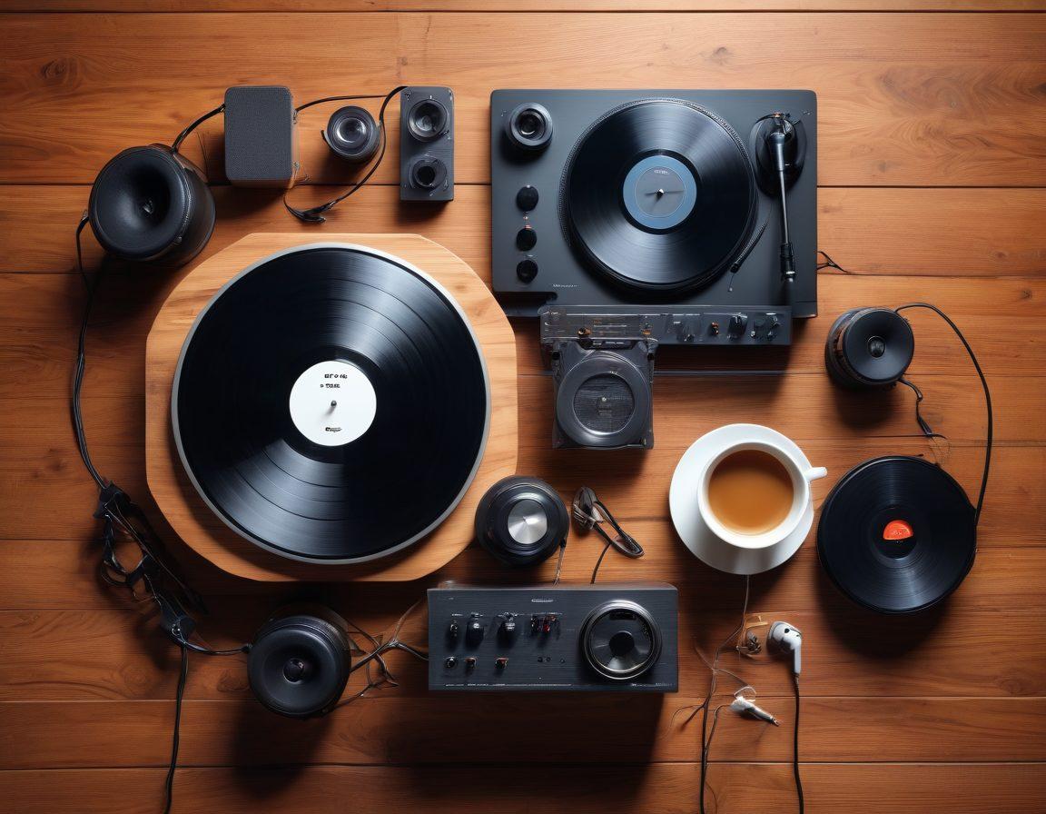 A detailed flat lay of high-end audio equipment, including headphones, amplifiers, and vinyl records, set against a sleek wooden surface. Show sound wave graphics emanating from the devices, highlighting rich textures and materials. Incorporate a cozy, softly lit atmosphere with a coffee cup and music notes scattered artistically. super-realistic. vibrant colors. elegant composition.