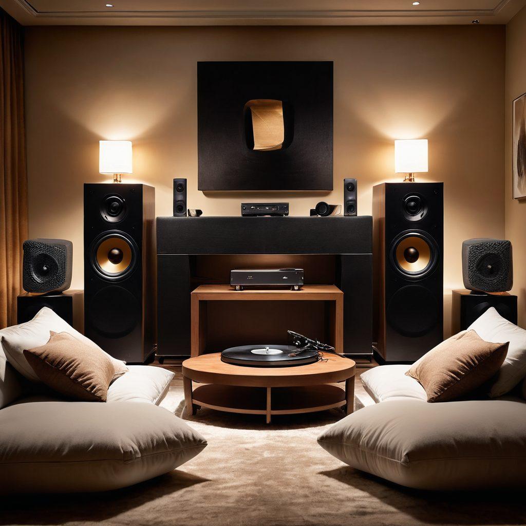 A luxurious home audio setup featuring high-end speakers and sleek turntables, surrounded by plush cushions and warm ambient lighting. A person wearing headphones is immersed in the sound, with musical notes visually flowing around them, showcasing the essence of high fidelity audio. Include a subtle gradient background to enhance the elegance of the scene. super-realistic. warm colors. modern style.