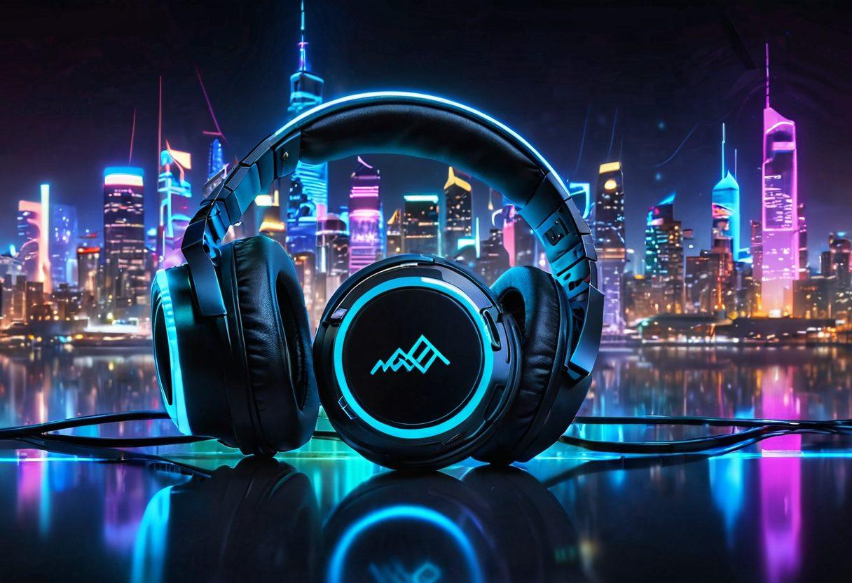 A futuristic audio setup featuring sleek, high-tech headphones emitting colorful sound waves in a vibrant atmosphere. In the background, a city skyline illuminated with neon lights, creating a blend of technology and urban culture. Include musical notes swirling around, symbolizing immersive sound experience. The scene should evoke excitement and innovation in audio technology. super-realistic. vibrant colors. cyberpunk.